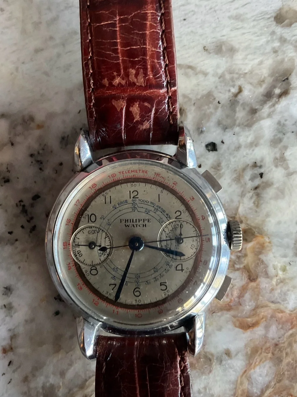 Vintage Philippe Men's Chronograph Watch - Brown Dial, Brown Strap